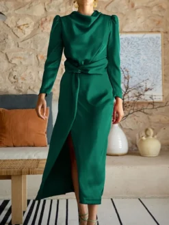 Women's Casual Dress Plain Dress Spring Dress Midi Dress Split Knot Front Work Street Daily Fashion Streetwear Crew Neck Long Sleeve 2023 Regular Fit Black Blue Green Color S M L XL Size -HANs Plus Size Style Shop ceylyr1692617878709