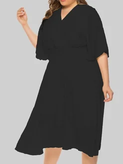Women‘s Plus Size Curve Party Dress Wedding Guest Dress Swing Dress Midi Dress Black Beige Half Sleeve Pure Color Pleated Summer Spring Fall V Neck Party Birthday Wedding Guest Vacation 2023 -HANs Plus Size Style Shop cfiztl1691399372550