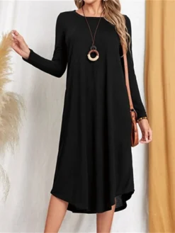 Women's T Shirt Dress Tee Dress Linen Dress Black Dress Midi Dress Black Wine Light Grey Long Sleeve Pure Color Pocket Summer Spring Crew Neck Classic Winter Dress Fall Dress Loose Fit 2023 S M L XL