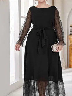 Women's Plus Size Prom Dress Party Dress Wedding Guest Dress Long Dress Maxi Dress Black Brown Long Sleeve Pure Color Lace Up Fall Winter Autumn Crew Neck Fashion Winter Dress Evening Party Wedding -HANs Plus Size Style Shop cfqonr1693535304858