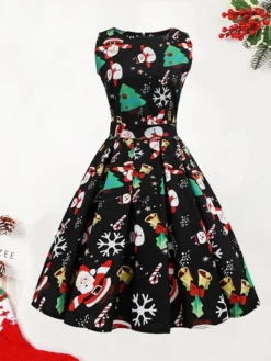 Women's Christmas Swing Dress Knee Length Dress Black SleevelessSnowman Candy Zipper Bow Print Fall Spring Round Neck VintageParty 2021 S M L XL XXL XXXL