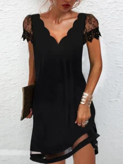 Women‘s Lace Dress A Line Dress Short Mini Dress Black Short Sleeve Pure Color Lace Spring Summer V Neck Elegant Loose 2023 S M L XL XXL XXXL / Party Dress