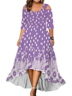 Women‘s Plus Size Curve Party Dress Wedding Guest Dress Swing Dress Long Dress Maxi Dress Blue Light Purple Purple 3/4 Length Sleeve Floral Cold Shoulder Summer Spring Fall V Neck Fashion Birthday -HANs Plus Size Style Shop cgkhrk1690428399375