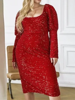 Women's Plus Size Curve Party Dress Sequin Dress Lace Dress Plain Midi Dress Long Sleeve Ruched Crew Neck Fashion Party Black Red Fall Winter XL XXL 3XL 4XL