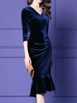 Women's Plus Size Curve Party Dress Velvet Dress Winter Dress Solid Color Midi Dress Long Sleeve Ruched V Neck Fashion Party Black Wine Fall Winter L XL XXL 3XL 4XL -HANs Plus Size Style Shop chcvqi1694576154340