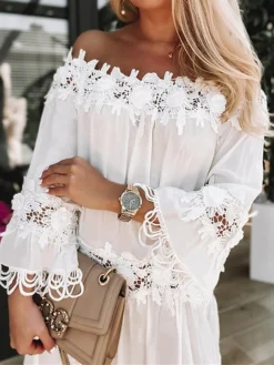 Women's Casual Dress Lace Dress Shift Dress Plain Tassel Fringe Lace Off Shoulder Midi Dress Basic Fashion Outdoor Daily 3/4 Length Sleeve Loose Fit White Spring Summer S M L XL XXL -HANs Plus Size Style Shop chdneq1675755412792