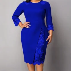 Women‘s Plus Size Curve Party Dress Solid Color Round Neck Lace 3 4 Length Sleeve Spring Fall Work Casual Prom Dress Knee Length Dress Casual Daily Dress