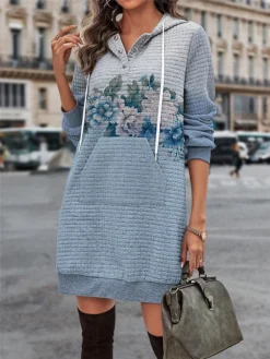 Women's Casual Dress Hoodie Dress Winter Dress Floral Button Print Hooded Mini Dress Fashion Streetwear Outdoor Daily Long Sleeve Regular Fit Blue Fall Winter S M L XL XXL