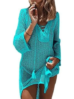 Women's Swimwear Cover Up Beach Dress Normal Swimsuit Oversized Crochet Solid Color Lake Green Black Blue Bathing Suits New Basic Essential Casual / Vacation / Padless