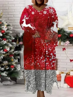 Women‘s Plus Size Christmas Dress Print V Neck Long Sleeve Winter Fall Modern Maxi Long Dress Daily Dress
