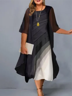 Women‘s Plus Size Curve Work Dress Dress Set Two Piece Dress Floral Color Block Midi Dress 3/4 Length Sleeve Print Crew Neck Fashion Office Black Khaki Summer Spring L XL XXL 3XL 4XL -HANs Plus Size Style Shop cikguf1678702928209