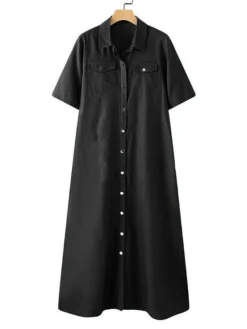 Women's Denim Dress Shirt Dress Shift Dress Maxi Long Dress Outdoor Vacation Denim Elegant Classic Shirt Collar Button Split Half Sleeve Summer Spring 2023 Regular Fit Black Navy Blue Light Blue Pure -HANs Plus Size Style Shop cinbpg1654746627354