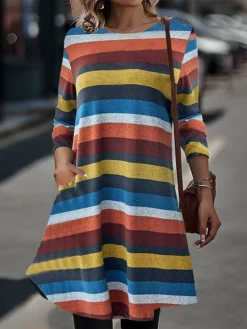 Women's Casual Dress Sweatshirt Dress Winter Dress Stripe Pocket Print Crew Neck Mini Dress Fashion Streetwear Outdoor Daily Long Sleeve Loose Fit Yellow Blue Green Fall Winter S M L XL XXL