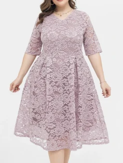 Women‘s Plus Size Curve Party Dress Lace Dress Cocktail Dress Midi Dress Black Pink Wine Half Sleeve Pure Color Lace Summer Spring Fall V Neck Fashion Birthday Wedding Guest Vacation 2023