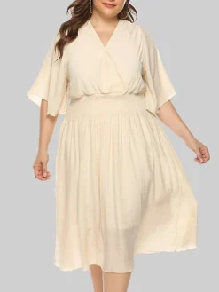 Women‘s Plus Size Curve Party Dress Wedding Guest Dress Swing Dress Midi Dress Black Beige Half Sleeve Pure Color Pleated Summer Spring Fall V Neck Party Birthday Wedding Guest Vacation 2023 -HANs Plus Size Style Shop cjiwoh1691399370487