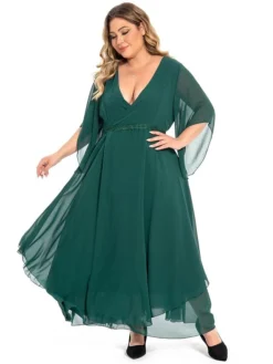 Women‘s Plus Size Curve Casual Dress Swing Dress Plain Long Dress Maxi Dress 3/4 Length Sleeve Layered V Neck Basic Outdoor Dark Green Summer Spring L XL XXL 3XL 4XL -HANs Plus Size Style Shop cjkmas1694771212017