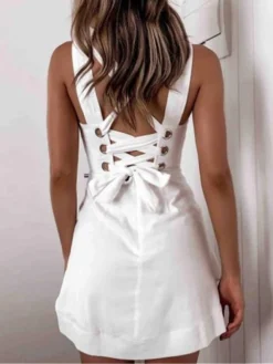 Women's Casual Dress Summer Dress Slip Dress Plain Ruffle Backless Strap Mini Dress Fashion Streetwear Outdoor Daily Sleeveless Slim Black White Summer Spring S M L XL -HANs Plus Size Style Shop cjtfub1681958668964