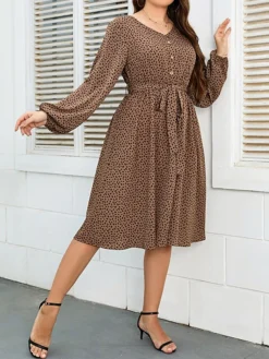 Women's Plus Size Party Dress Wedding Guest Dress Swing Dress Midi Dress Khaki Long Sleeve Dot Button Spring Fall Winter V Neck Fashion Winter Dress Evening Party Wedding Guest 2023 XL XXL 3XL 4XL -HANs Plus Size Style Shop cjuqwa1693535282152