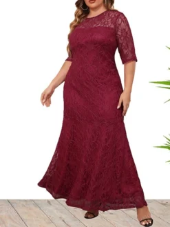 Women's Plus Size Curve Party Dress Lace Dress Sheath Dress Solid Color Long Dress Maxi Dress Half Sleeve Ruched Patchwork Crew Neck Fashion Wedding Wine Deep Blue Spring Fall XL XXL 3XL 4XL 5XL -HANs Plus Size Style Shop ckpmsu1693533332112