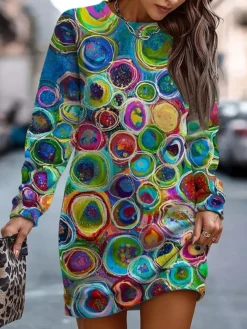 Women's Casual Dress Sweatshirt Dress Winter Dress Floral Geometric Print Crew Neck Mini Dress Fashion Streetwear Outdoor Daily Long Sleeve Loose Fit White Pink Blue Fall Winter S M L XL XXL -HANs Plus Size Style Shop ckwqjg1694076179489