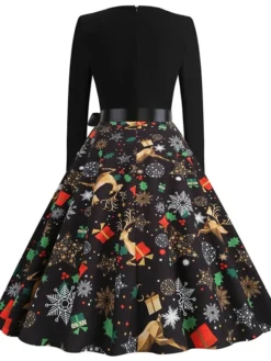 Women's Christmas Casual Dress Swing Dress Vintage Dress Midi Dress Black Wine Orange Long Sleeve Animal Bow Winter Fall Autumn V Neck 2022 S M L XL XXL 3XL -HANs Plus Size Style Shop ckyniy1666853152701