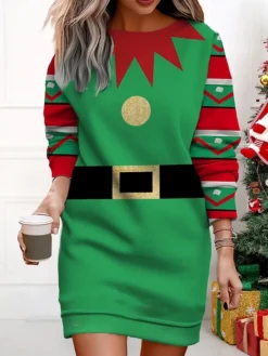 Women's Christmas Casual Dress Sweatshirt Dress Mini Dress Warm Fashion Outdoor Vacation Crew Neck Print Santa Claus Loose Fit ArmyGreen Light Green Wine S M L XL XXL -HANs Plus Size Style Shop cleodr1695377425111
