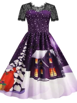 Women's Christmas Knee Length Dress Blue Purple Wine Green Black Red Short Sleeve Print Lace Print Fall Winter Round Neck CasualRegular Fit 2021 S M L XL XXL 3XL -HANs Plus Size Style Shop clreep1632737572872