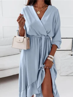 Women‘s Curve Sheath Dress Knee Length Dress Green Black Pink Light Blue Long Sleeve Solid Color Lace Up Ruffle Plus High Low Fall Spring V Neck Elegant Vintage Party Loose 2023 S M L XL XXL 3XL -HANs Plus Size Style Shop clzcky1635330864842