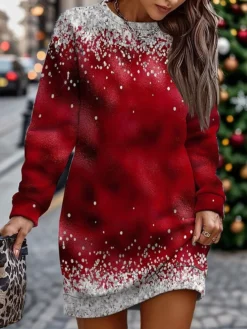 Women's Casual Dress Christmas Dress Sweatshirt Dress Geometric Snowflake Print Crew Neck Mini Dress Fashion Streetwear Outdoor Christmas Long Sleeve Loose Fit Pink Wine Red Fall Winter S M L XL XXL -HANs Plus Size Style Shop cmblhe1695211776542