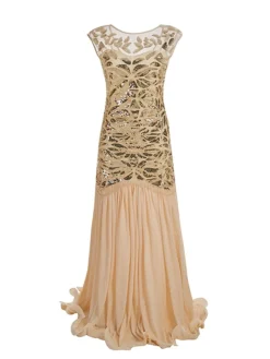 Women's Retro 1920s Sequin Dress Long Dress Maxi Dress Party Halloween Sequins Ruffle Leaf Crewneck Sleeveless Regular Fit Spring Fall 2023 Black Red S M L XL -HANs Plus Size Style Shop cmbucm1692947216940