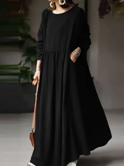 Women's Plus Size Work Dress Black Dress White Dress Fashion Long Dress Maxi Dress Ruched Patchwork Crew Neck Long Sleeve Plain Loose Fit Black White Brown Fall L XL XXL 3XL 4XL -HANs Plus Size Style Shop cmdwyz1693374218062