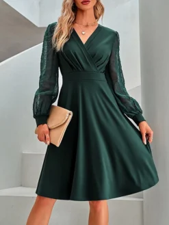 Women's Casual Dress Swing Dress Plain Dress Midi Dress Mesh Daily Date Going Out Fashion Basic V Neck Long Sleeve 2023 Slim Black Brown Green Color S M L XL Size -HANs Plus Size Style Shop cmhkds1691991905429