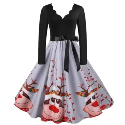 Women's Christmas Knee Length Dress Gray White Black Red Brown Long Sleeve Print Bow Print Fall Winter V Neck Casual Vintage2021 S M L XL XXL 3XL -HANs Plus Size Style Shop cmogua1629971760523