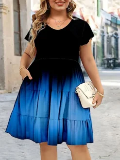 Women‘s Plus Size Curve Casual Dress A Line Dress Floral Gradient Midi Dress Short Sleeve Print Crew Neck Romantic Daily Light Green Red Summer Spring L XL XXL 3XL 4XL