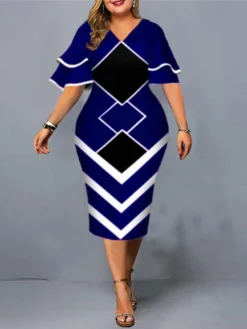 Women‘s Plus Size Curve Work Dress Geometric V Neck Short Sleeve Spring Fall Fashion Elegant Modern Midi Dress Formal Office Dress -HANs Plus Size Style Shop cnalud1671091292101