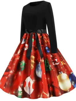 Women's Christmas Swing Dress Vintage Dress Mini Dress Black Long Sleeve Print Bow Print Winter Fall Crew Neck Vintage Romantic Traditional 2022 S M L XL 2XL -HANs Plus Size Style Shop cnarlj1666676125405