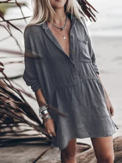 Women's Shirt Dress Shift Dress Midi Dress Outdoor Winter Dress Daily Cotton Polyester Basic Casual Shirt Collar Ruched Button Long Sleeve Summer Spring Fall 2023 Loose Fit White Dark Gray Pure Color -HANs Plus Size Style Shop cnfgin1635141859027