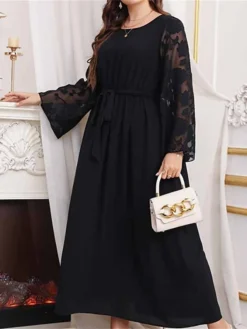 Women's Plus Size Curve Prom Dress Party Dress Wedding Guest Dress Long Dress Maxi Dress Black Long Sleeve Pure Color Lace Up Fall Winter Autumn Crew Neck Fashion Evening Party Wedding Guest