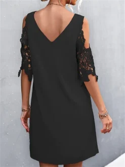 Women's Casual Dress Lace Dress Shift Dress Mini Dress Lace Cold Shoulder Outdoor Street Daily Fashion Streetwear V Neck Half Sleeve 2023 Regular Fit Black Wine Apricot Color S M L XL XXL Size -HANs Plus Size Style Shop cnhplz1691495906262