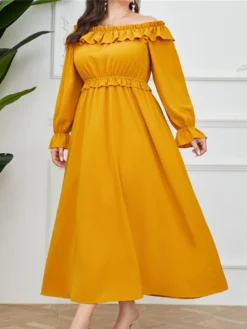 Women's Plus Size Prom Dress Party Dress Wedding Guest Dress Long Dress Maxi Dress Yellow Long Sleeve Pure Color Ruffle Fall Winter Autumn Off Shoulder Fashion Winter Dress Evening Party Wedding Guest -HANs Plus Size Style Shop cnkabh1693535309190