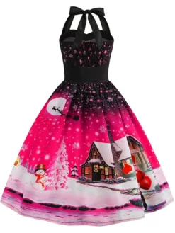 Women's Christmas Swing Dress Vintage Dress Midi Dress Blue Purple Fuchsia Red Sleeveless Santa Claus Backless Print Winter Fall Halter Neck Vacation Stylish Elegant 2022 S M L XL XXL -HANs Plus Size Style Shop cnmuci1666168102001