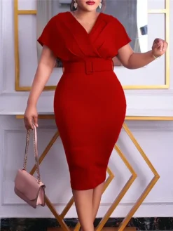 Women‘s Plus Size Curve Easter Dress Work Dress Solid Color V Neck Short Sleeve Spring Dress Fall Work Formal Knee Length Dress Date Vacation Dress -HANs Plus Size Style Shop cnnbkd1661334435439