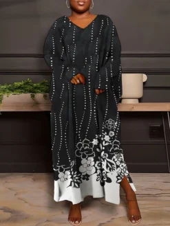 Women's Plus Size Curve Casual Dress Sweatshirt Dress Winter Dress Floral Gradient Long Dress Maxi Dress Long Sleeve Split Print V Neck Fashion Outdoor Black White Fall Winter L XL XXL 3XL 4XL -HANs Plus Size Style Shop cnogqz1693387361590