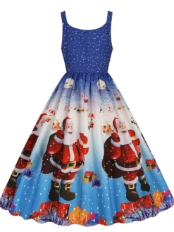 Women's Christmas Casual Dress Swing Dress Midi Dress Green Blue Sleeveless Santa Claus Print Winter Fall Spaghetti Strap Vacation Vintage 2022 S M L XL XXL / Slip Dress -HANs Plus Size Style Shop cntaqk1666597244034