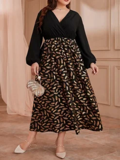 Women's Plus Size Curve Prom Dress Party Dress Wedding Guest Dress Long Dress Maxi Dress Black Long Sleeve Print Ruched Fall Winter Autumn V Neck Fashion Evening Party Wedding Guest Loose Fit -HANs Plus Size Style Shop cofygc1692946424018