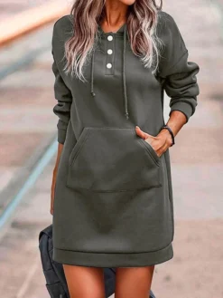 Women's Casual Dress Shift Dress Plain Dress Mini Dress Button Pocket Outdoor Street Daily Fashion Streetwear Hooded Long Sleeve 2023 Loose Fit Black Light Green Wine Color S M L XL XXL Size