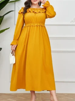 Women's Plus Size Prom Dress Party Dress Wedding Guest Dress Long Dress Maxi Dress Yellow Long Sleeve Pure Color Ruffle Fall Winter Autumn Off Shoulder Fashion Winter Dress Evening Party Wedding Guest -HANs Plus Size Style Shop coyqcq1693535308497