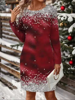 Women's Christmas Dress Casual Dress Mini Dress Active Fashion Outdoor Christmas Holiday Crew Neck Print Snowman Snowflake Loose Fit Black White Wine S M L XL XXL -HANs Plus Size Style Shop cpcyxy1697106947224