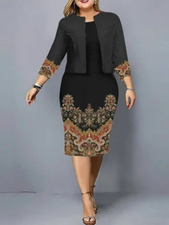 Women's Plus Size Curve Casual Dress Dress Set Two Piece Dress Floral Midi Dress Long Sleeve Print Crew Neck Fashion Outdoor Black Wine Fall Winter L XL XXL 3XL 4XL