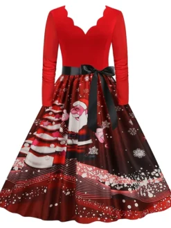 Women's Christmas Party Dress Swing DressKnee Length Dress Green Purple Wine Red Black Long Sleeve Santa Claus Elk Snowman Print Fall Winter V Neck Vintage Party Elegant Party 2022 S M L XL XXL 3XL -HANs Plus Size Style Shop cpipsy1667874475338
